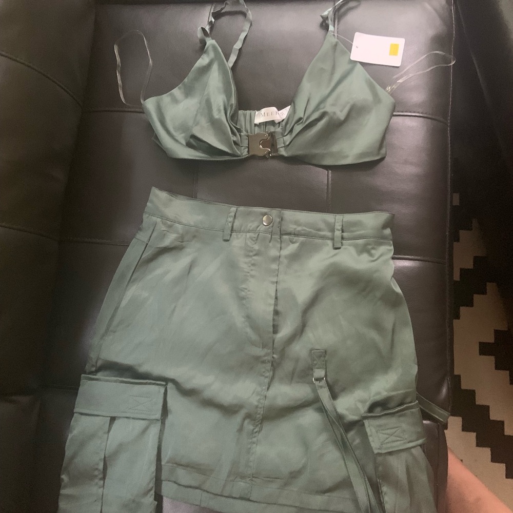 Two piece green silk outfit